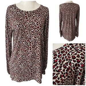 Jones New York Red/Tan/Black Cheetah Print Long Sleeve Top Small